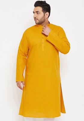 Mustard Solid Cotton Kurta For Men