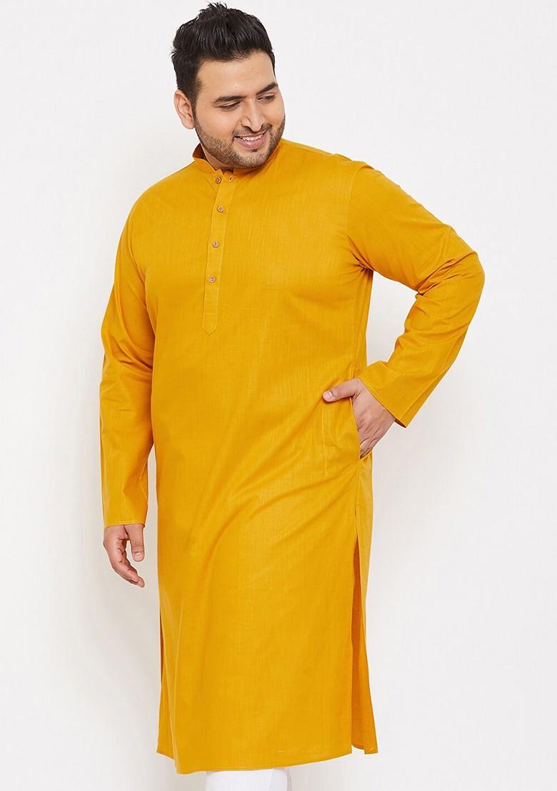 Mustard Solid Cotton Kurta For Men