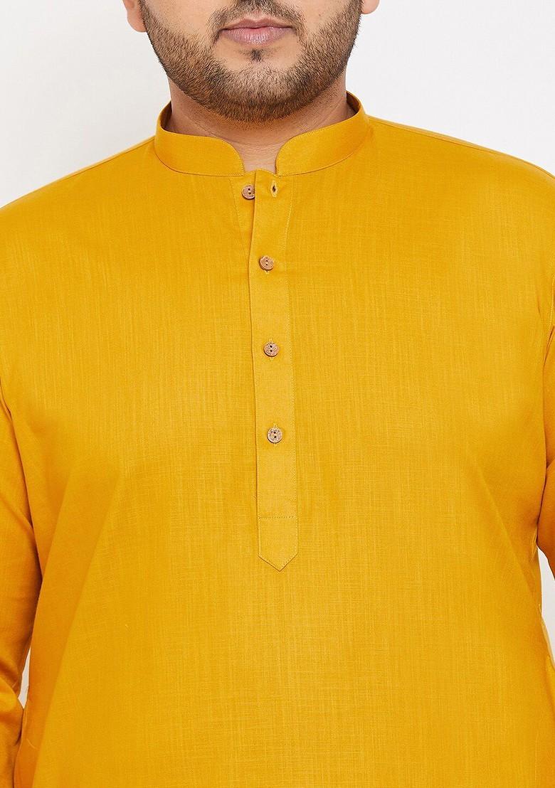 Mustard Solid Cotton Kurta For Men