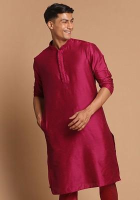 Pink Solid Poly Blend Kurta For Men