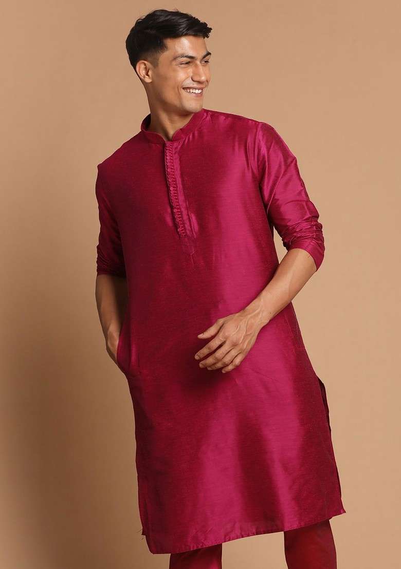 Pink Solid Poly Blend Kurta For Men - Indya