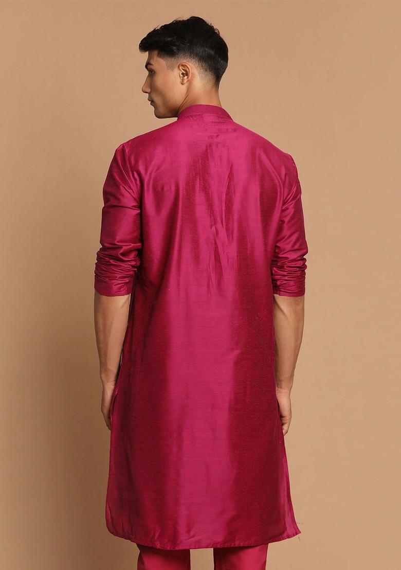 Pink Solid Poly Blend Kurta For Men