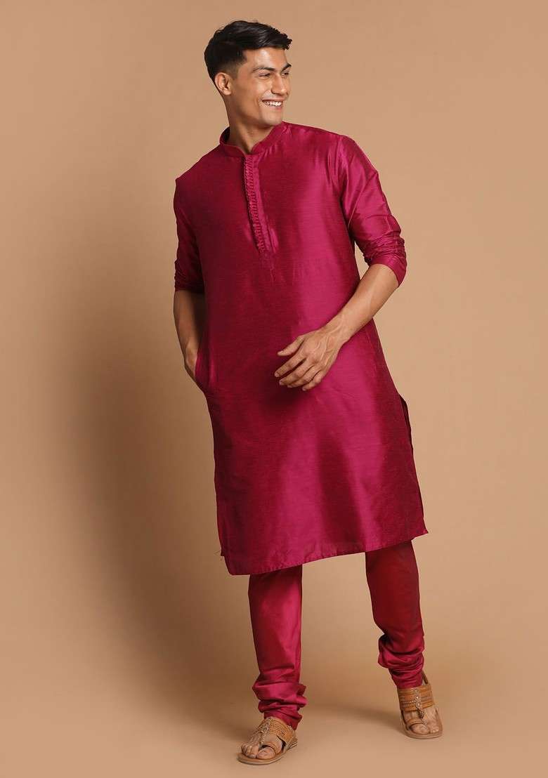 Pink Solid Poly Blend Kurta For Men - Indya