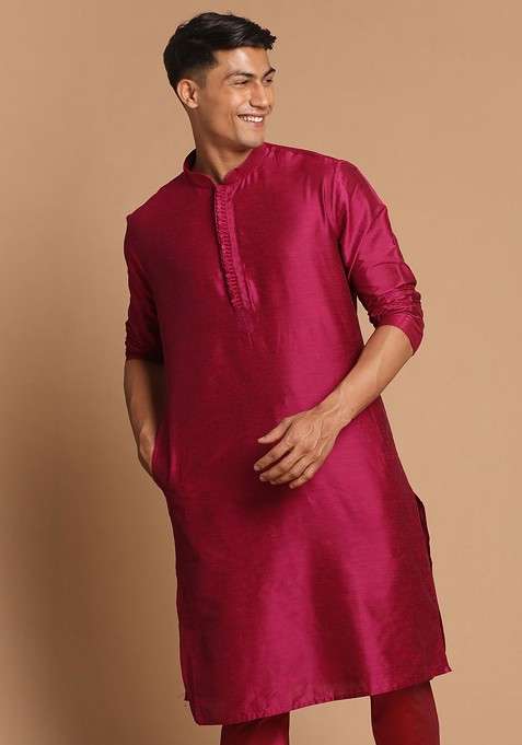 Pink Solid Poly Blend Kurta For Men