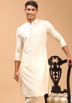 Cream Solid Poly Blend Kurta For Men