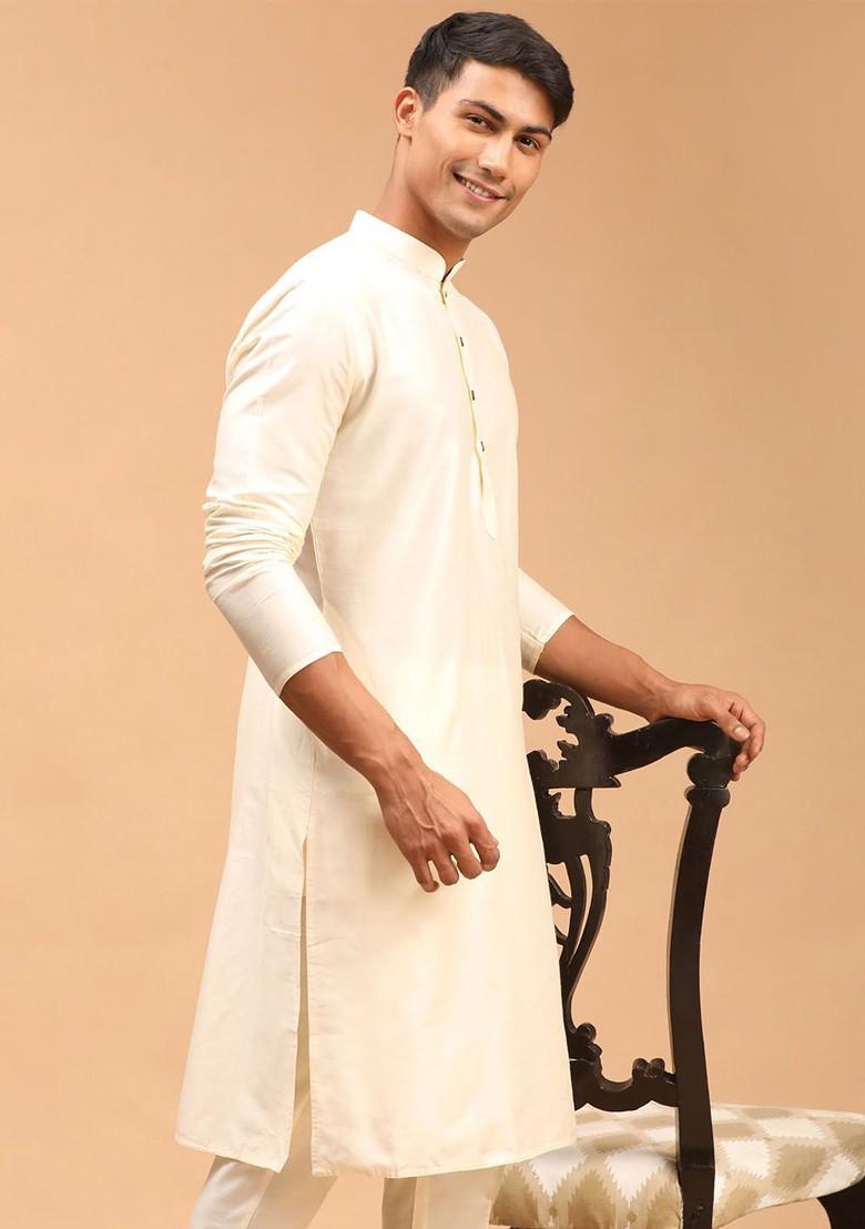 Cream Solid Poly Blend Kurta For Men