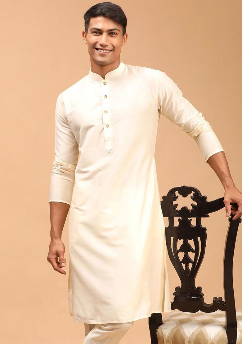 Cream Solid Poly Blend Kurta For Men