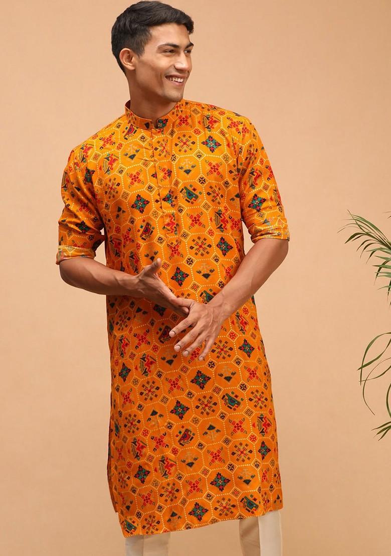 Yellow Ethnic Motifs Cotton Kurta For Men