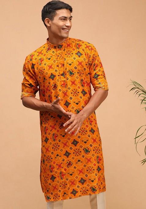 Yellow Ethnic Motifs Cotton Kurta For Men