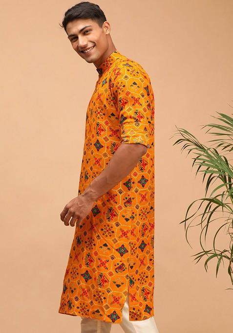 Yellow Ethnic Motifs Cotton Kurta For Men