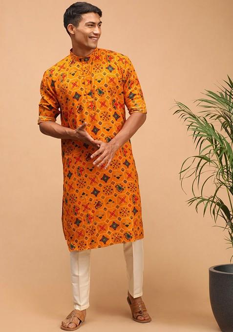 Yellow Ethnic Motifs Cotton Kurta For Men