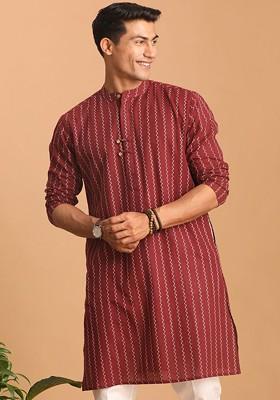Maroon Embroidered Jacquard Kurta For Men