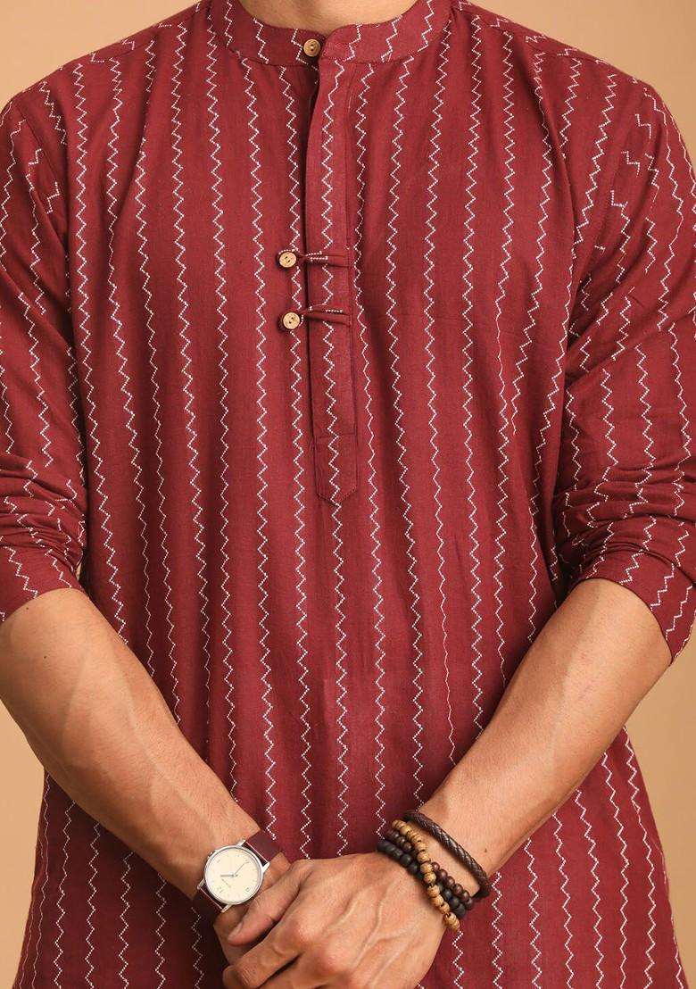 Maroon Embroidered Jacquard Kurta For Men