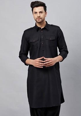 Black Solid Cotton Kurta For Men