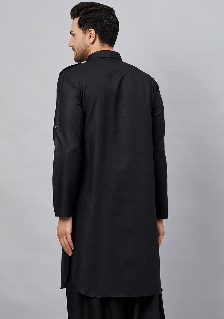 Black Solid Cotton Kurta For Men