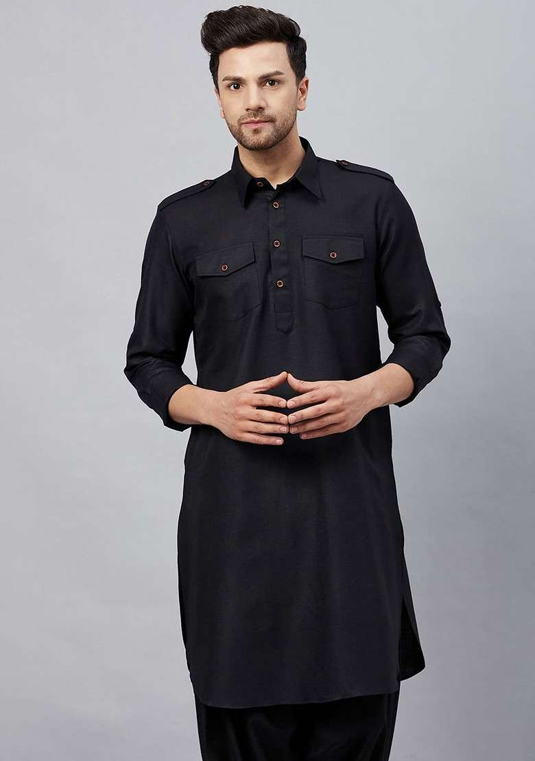 Black Solid Cotton Kurta For Men - Indya