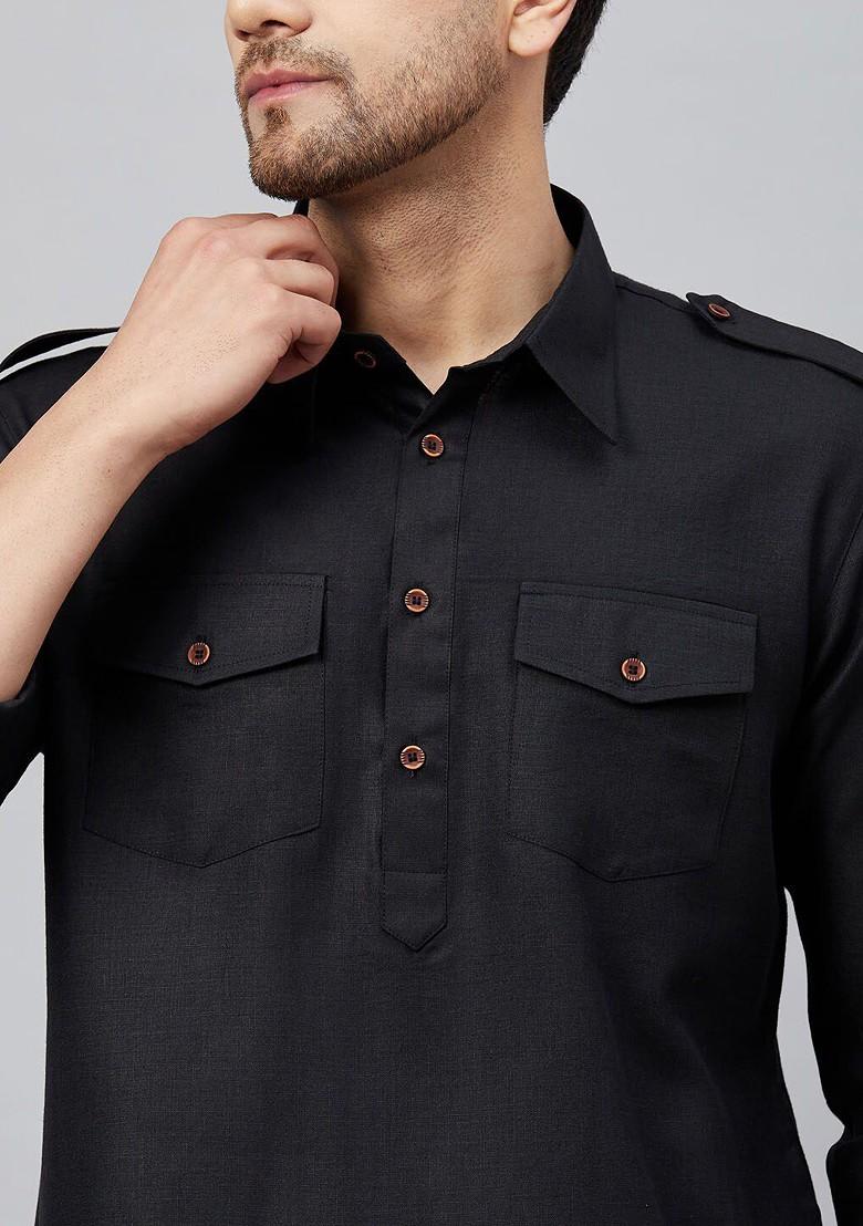 Black Solid Cotton Kurta For Men
