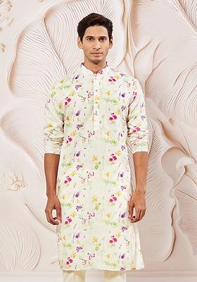Cream Floral Print Poly Blend Kurta For Men