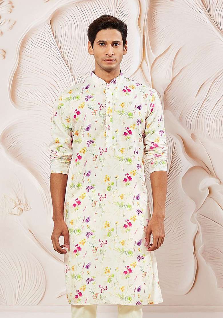 Cream Floral Print Poly Blend Kurta For Men - Indya