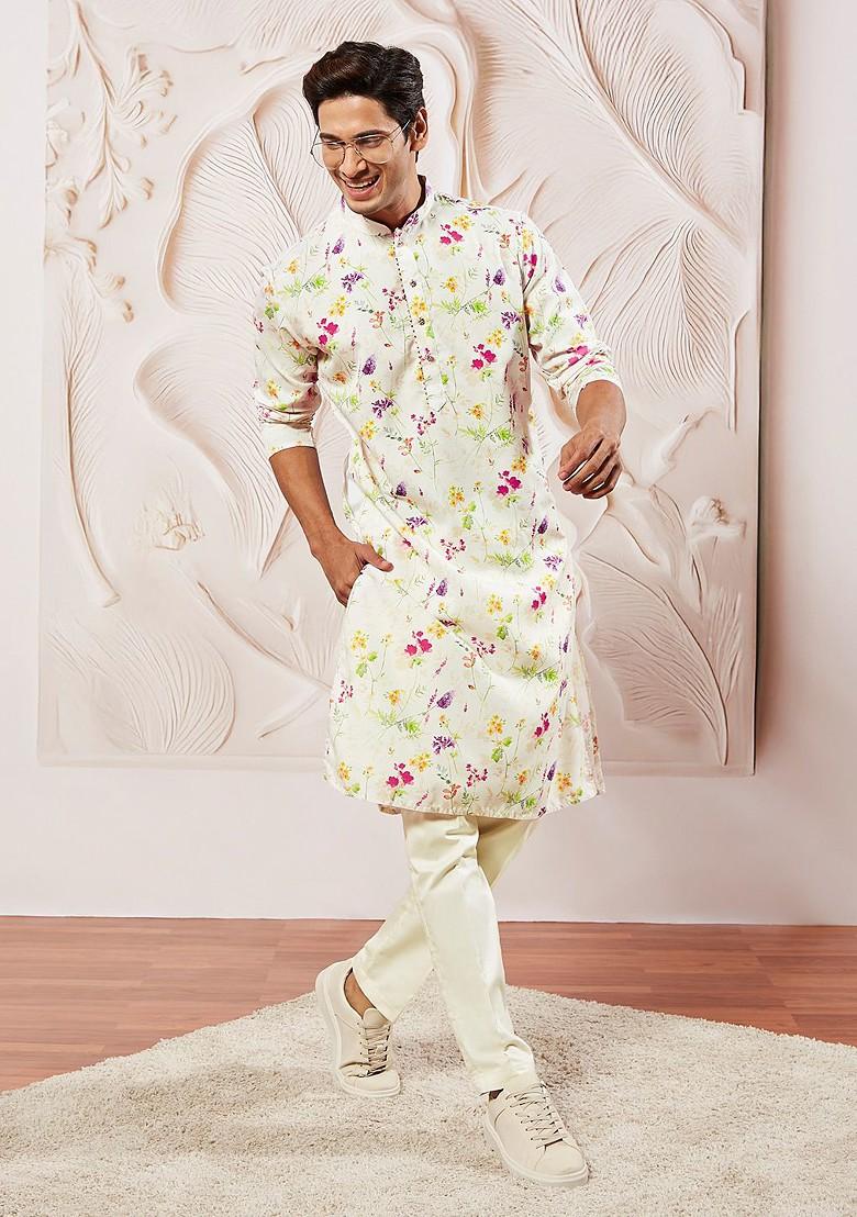 Cream Floral Print Poly Blend Kurta For Men