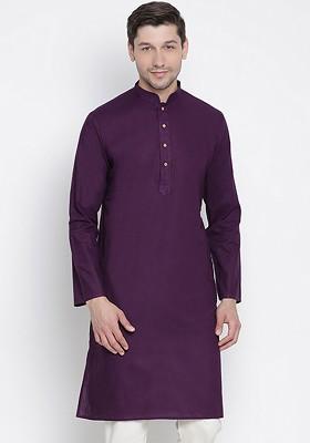 Purple Solid Poly Blend Kurta For Men