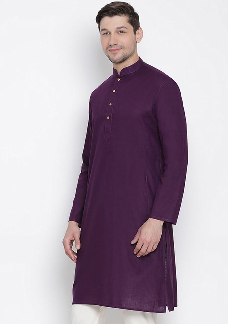 Purple Solid Poly Blend Kurta For Men