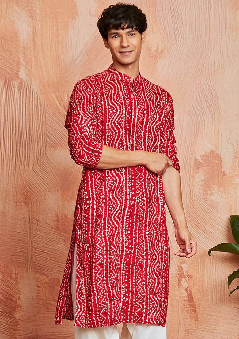 Red Bandhani Print Poly Blend Kurta For Men