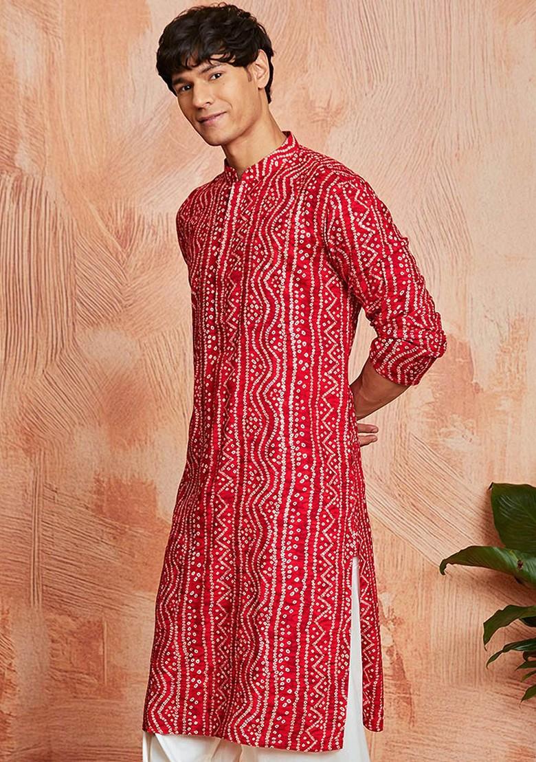 Red Bandhani Print Poly Blend Kurta For Men