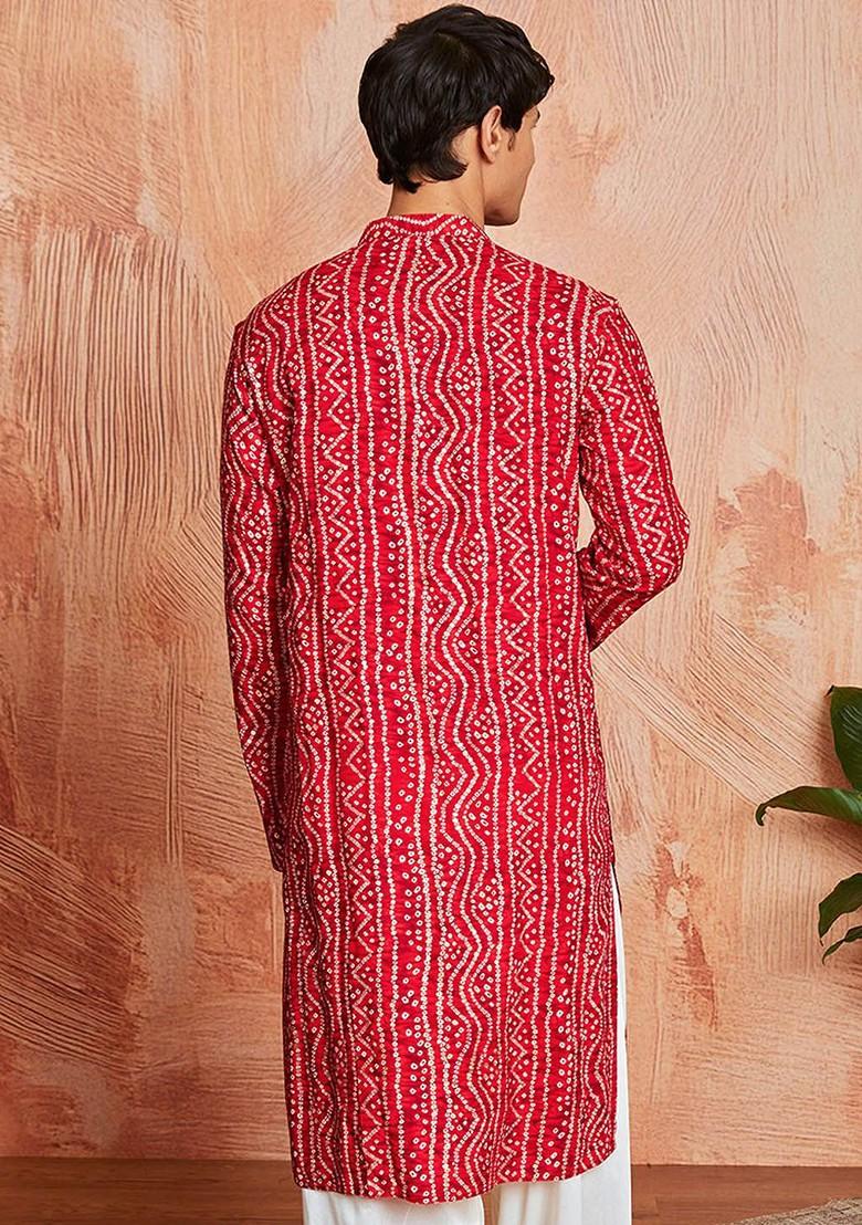 Red Bandhani Print Poly Blend Kurta For Men