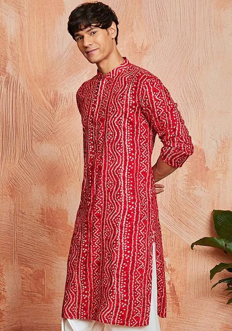 Red Bandhani Print Poly Blend Kurta For Men