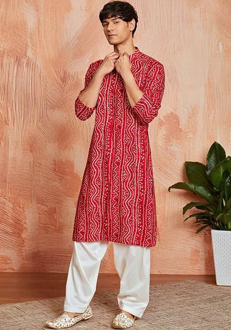 Red Bandhani Print Poly Blend Kurta For Men