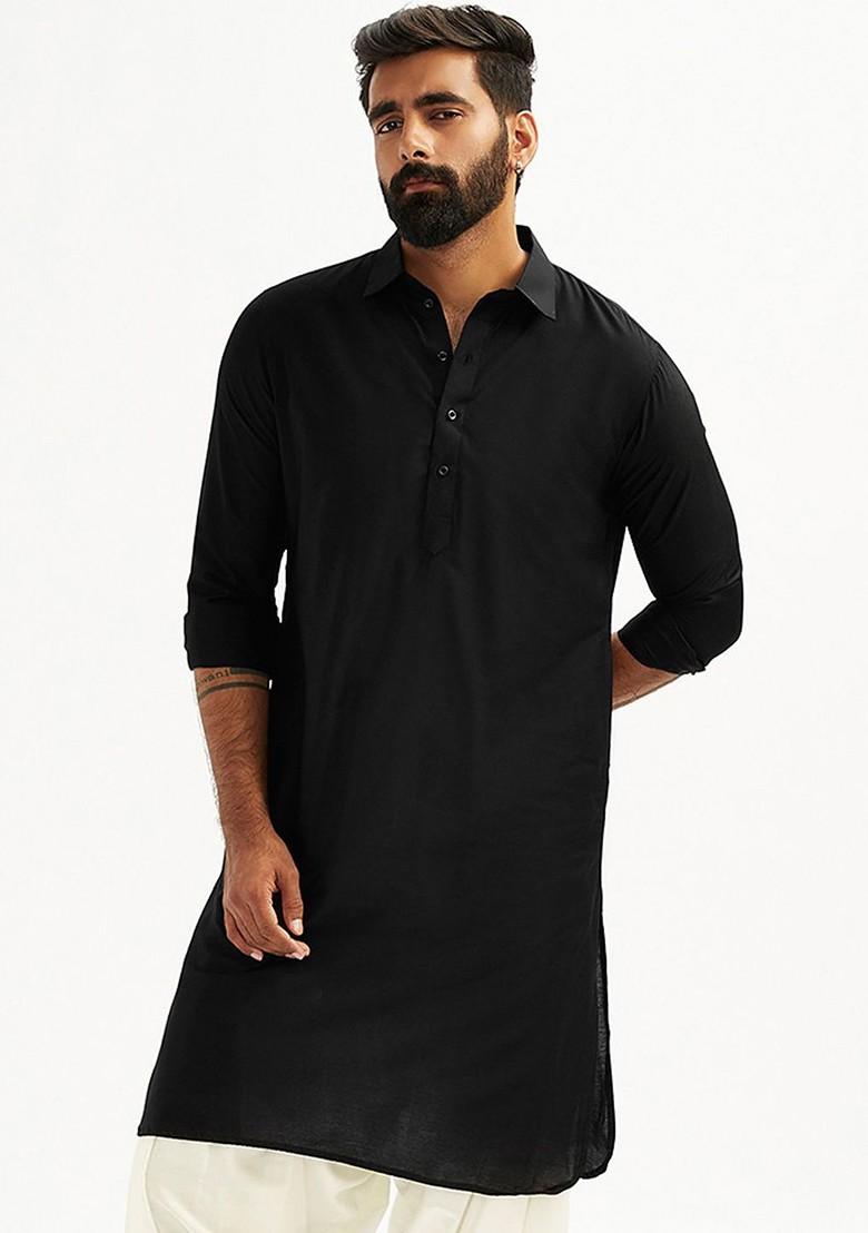 Black Solid Pathani Kurta For Men