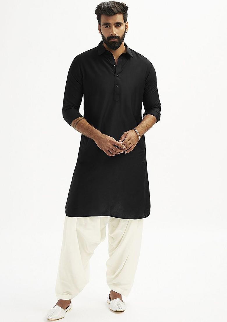 Black Solid Pathani Kurta For Men