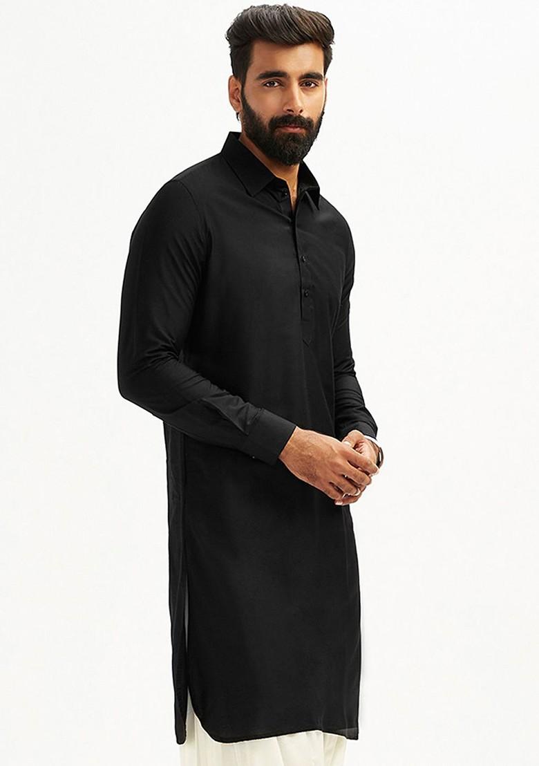Black Solid Pathani Kurta For Men