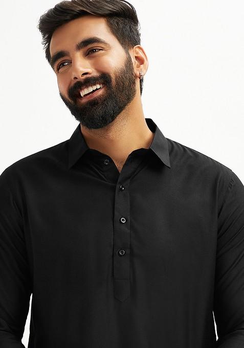 Black Solid Pathani Kurta For Men