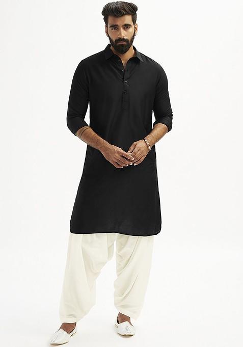 Black Solid Pathani Kurta For Men