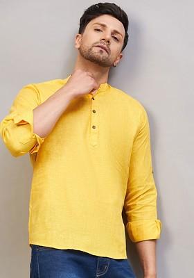 Yellow Solid Cotton Kurta For Men