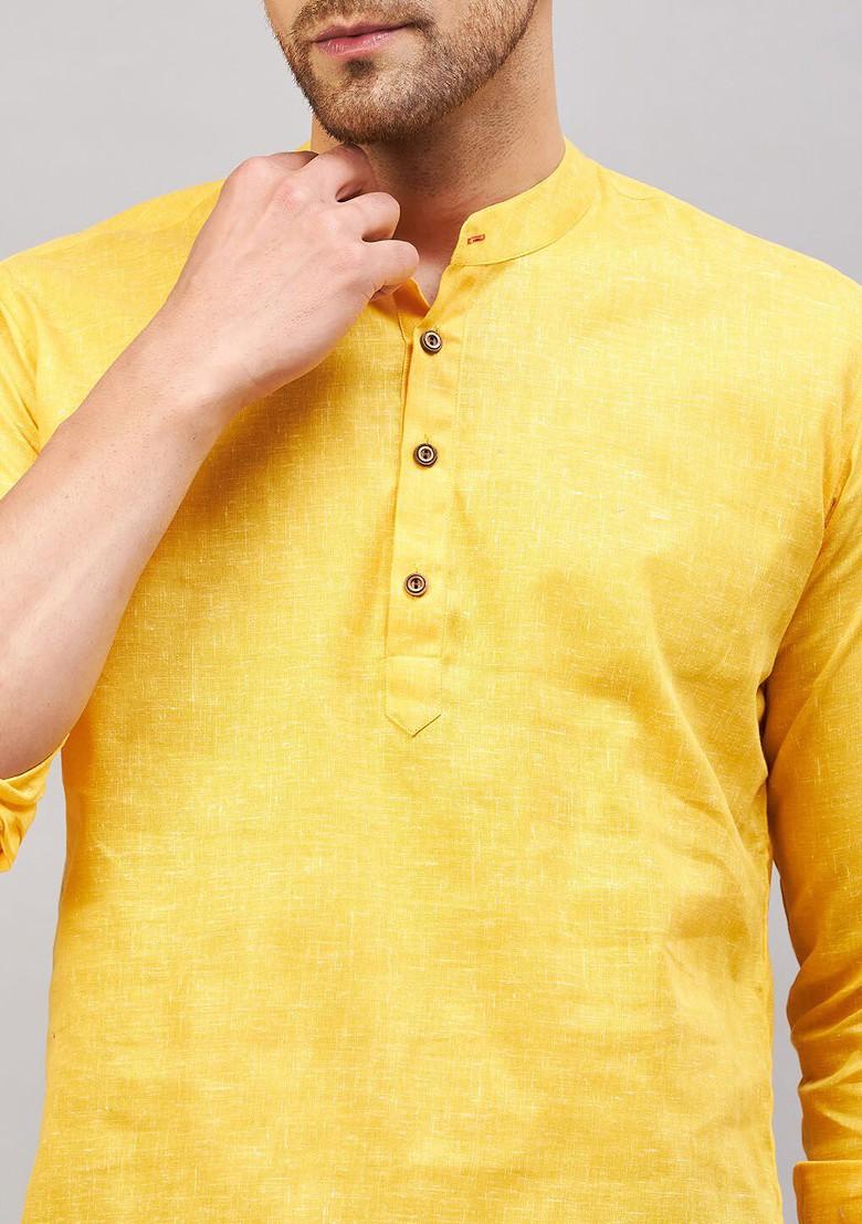 Yellow Solid Cotton Kurta For Men