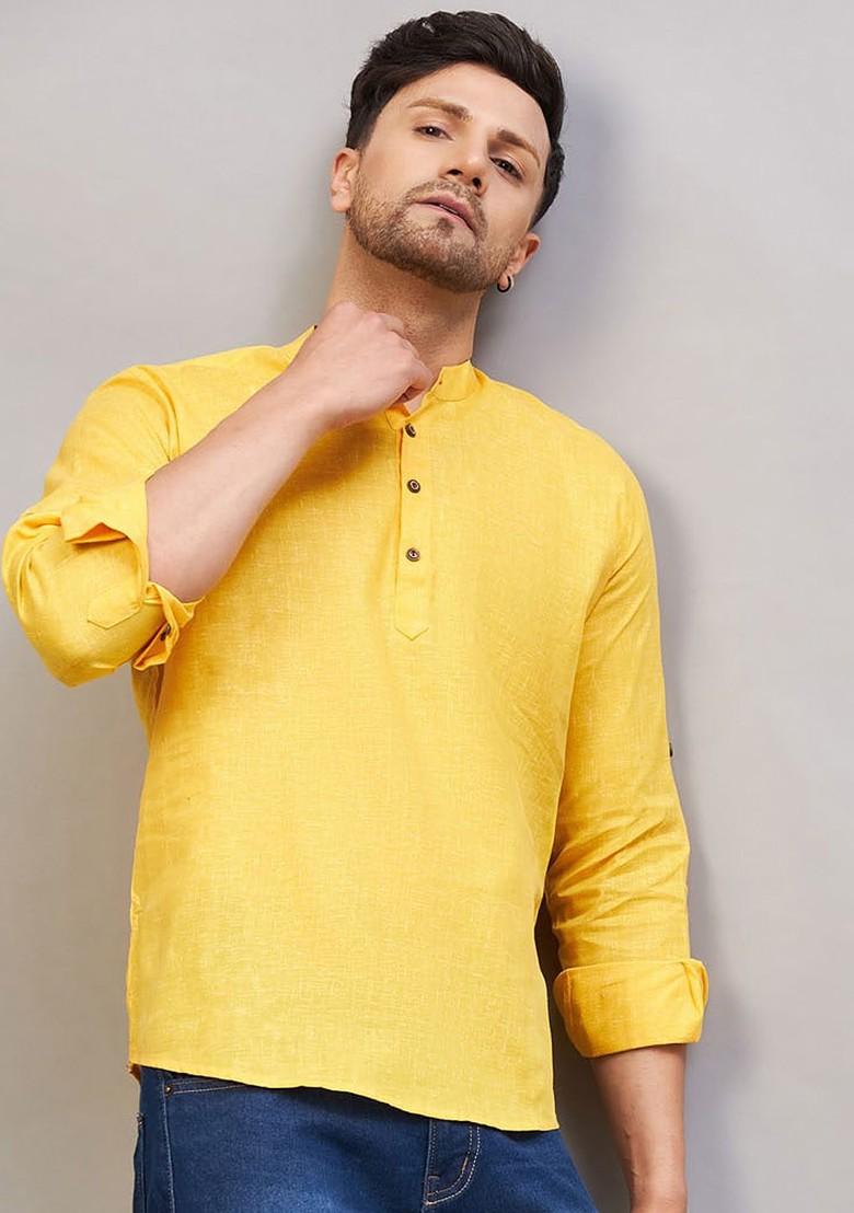 Yellow Solid Cotton Kurta For Men