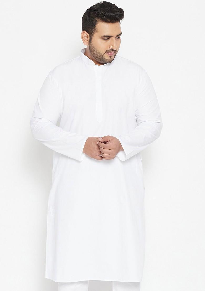 White Solid Poly Blend Kurta For Men