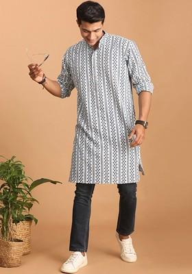 White Geometric Print Cotton Kurta For Men