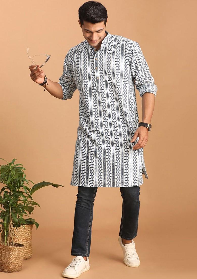 White Geometric Print Cotton Kurta For Men