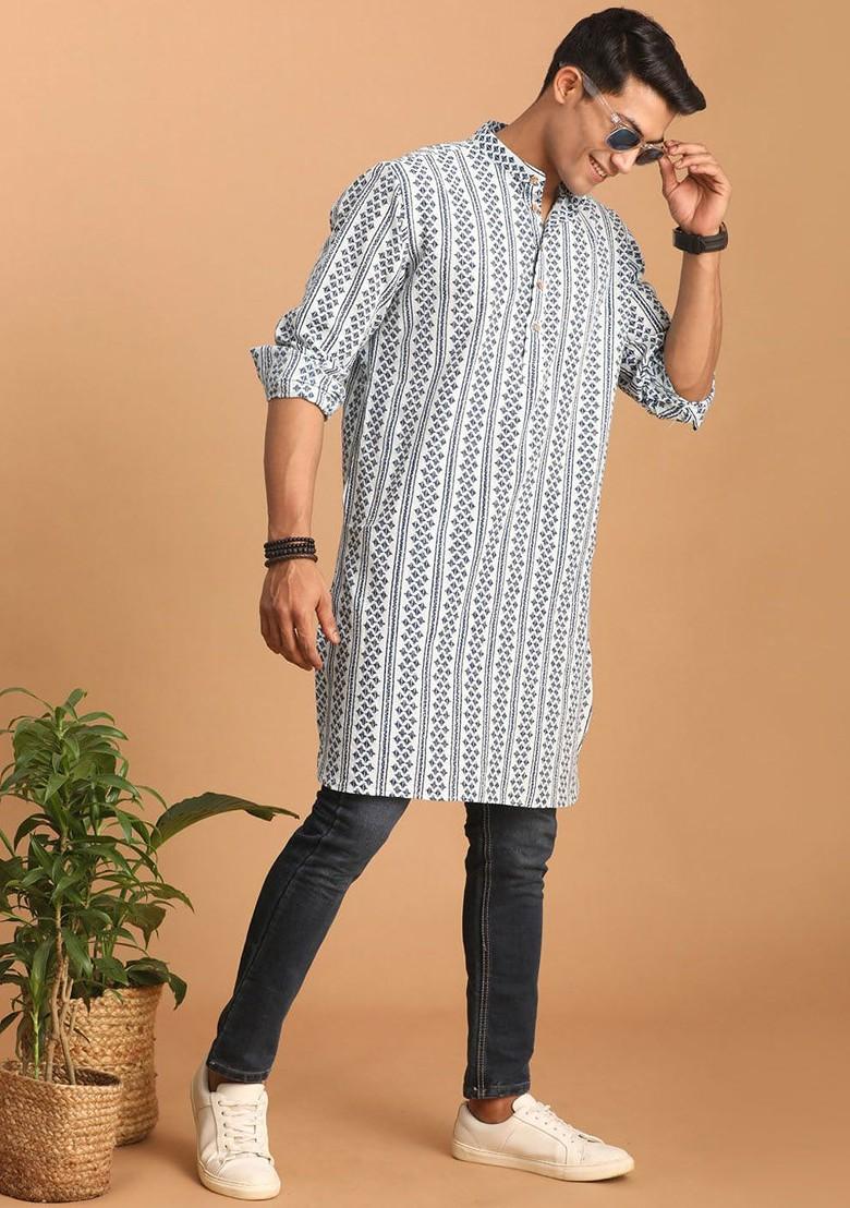 White Geometric Print Cotton Kurta For Men