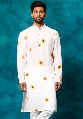 White Thread Work Poly Blend Kurta For Men