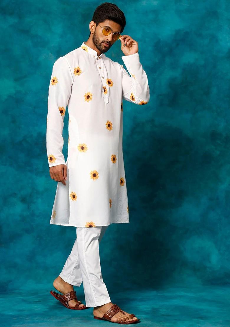 White Thread Work Poly Blend Kurta For Men