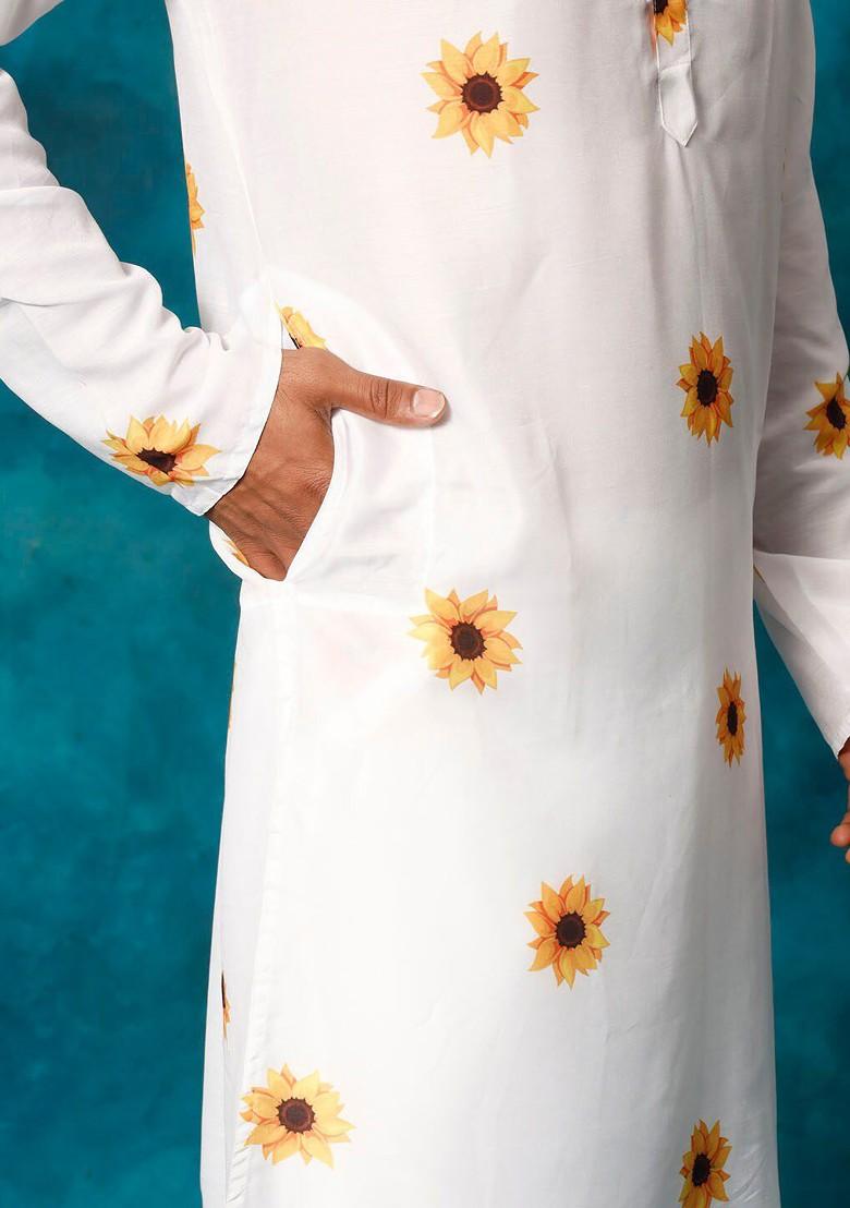 White Thread Work Poly Blend Kurta For Men