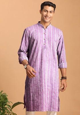 Purple Printed Cotton Kurta For Men