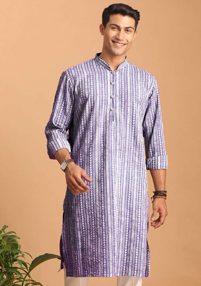 Purple Printed Cotton Kurta For Men - Indya