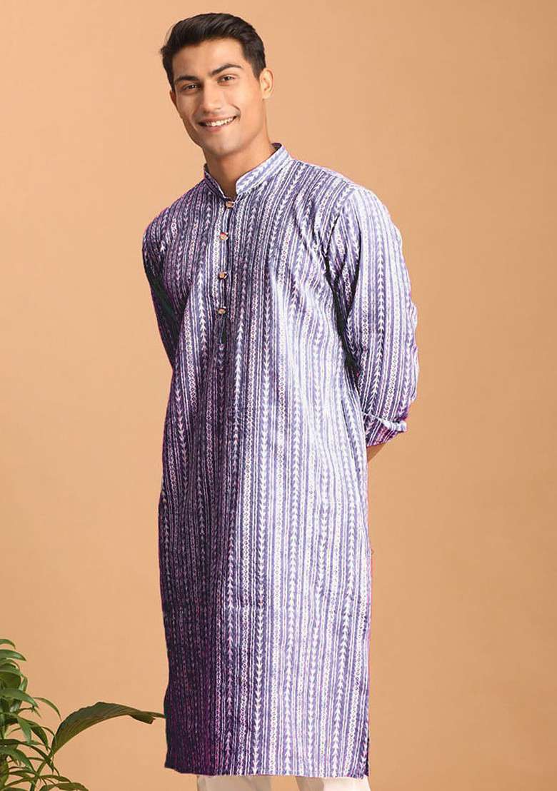 Purple Printed Cotton Kurta For Men - Indya