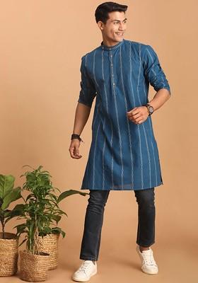 Blue Striped Poly Blend Kurta For Men